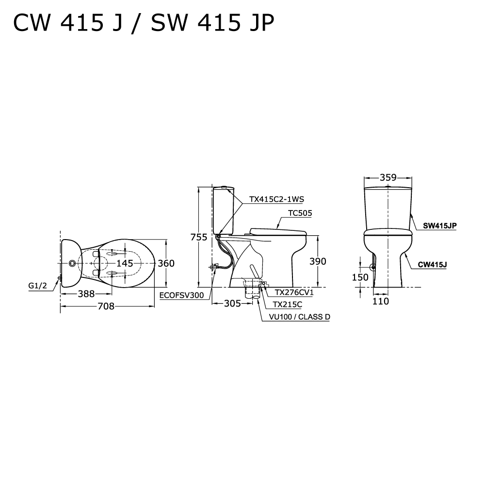TOTO - CW415J/ SW415JP + TC505 SINGLE FLUSH + ECO-E2771-1 + THX20NB-W + FLEXIBLE T030005