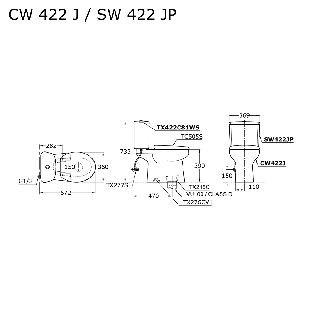 TOTO - CW422JW/F TOILET BOWL+SW422JP422-81 TANK W+TC505S