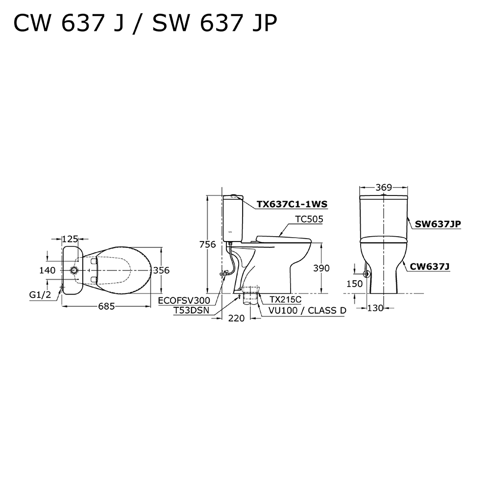 TOTO - CW637JW/F SINGLE FLUSH MONOBLOK+ECOFSV300 W + TC505