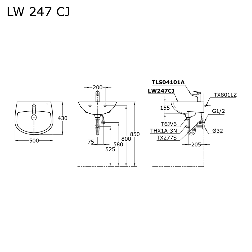 TOTO - LW247CJW/F BODY WASTAFEL 1 HOLE