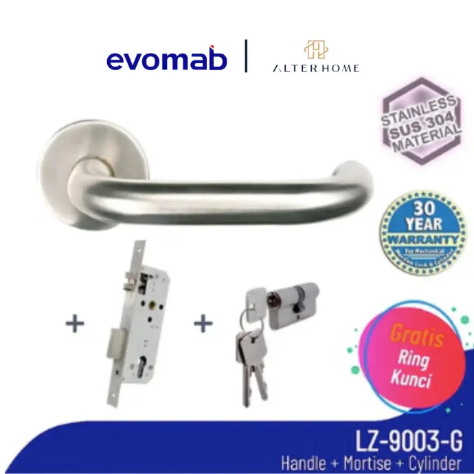 EVOMAB - MSET-LZ9003-SUS304-SN HANDLE ROCHETTE SUS 304 + STAINLESS MORTISE + BRASS CYLINDER