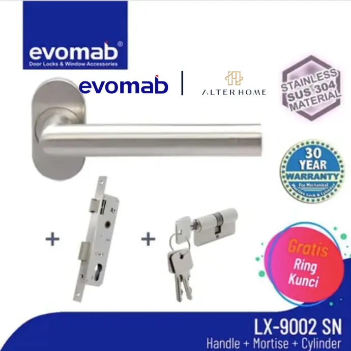 EVOMAB - MSET-LX9002-SUS304-SN HANDLE ROCHETTE SUS 304 + STAINLESS MORTISE + BRASS CYLINDER